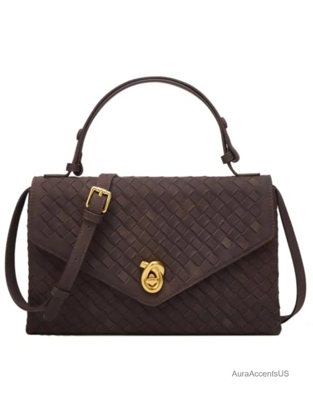 Faux Suede Woven Hobo Crossbody Bag with Turn-Lock Closure